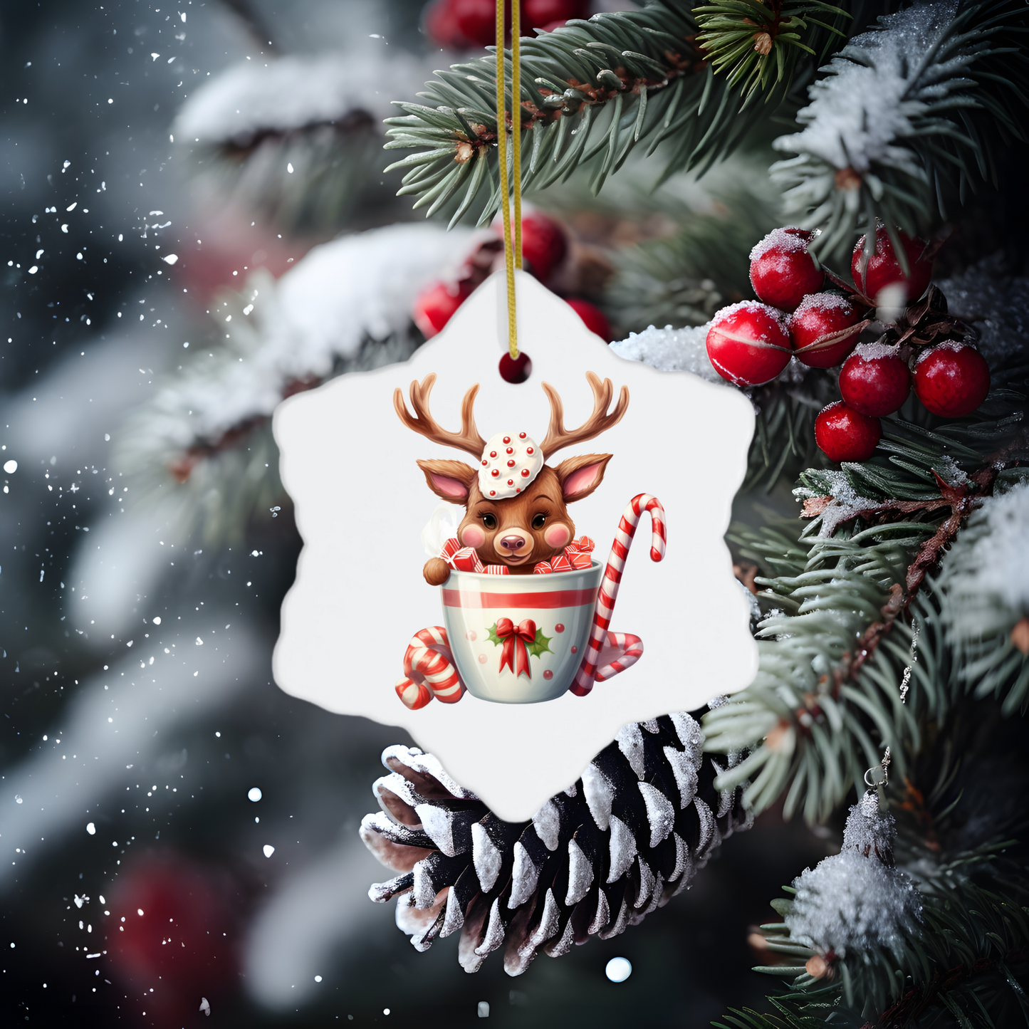 Radiant 3D Porcelain Christmas Reindeer Ornament:  Elegance in Every Detail for Your Holiday Joy!