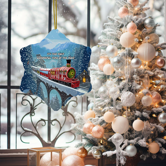 Radiant 3D Porcelain Christmas Train Ornament:  Elegance in Every Detail for Your Holiday Joy!