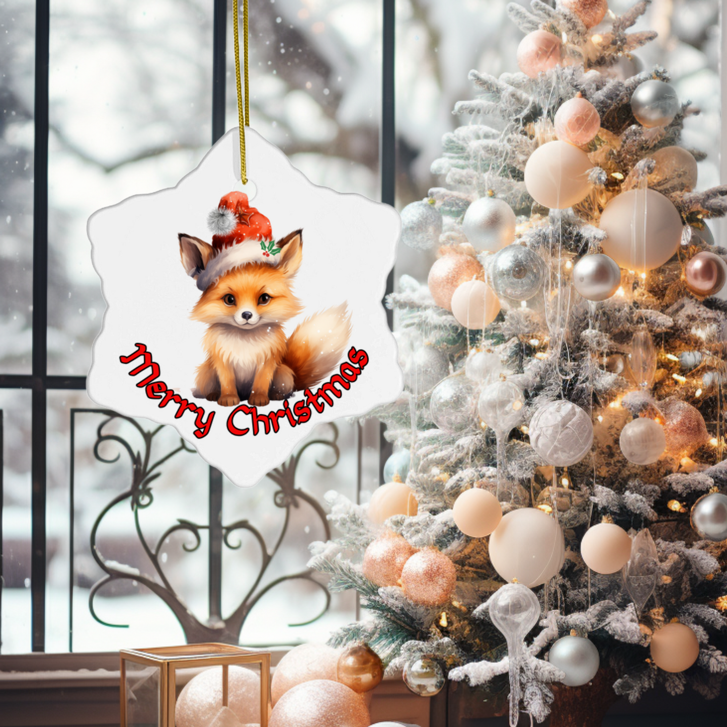 Radiant 3D Porcelain Christmas Fox Ornament:  Elegance in Every Detail for Your Holiday Joy!