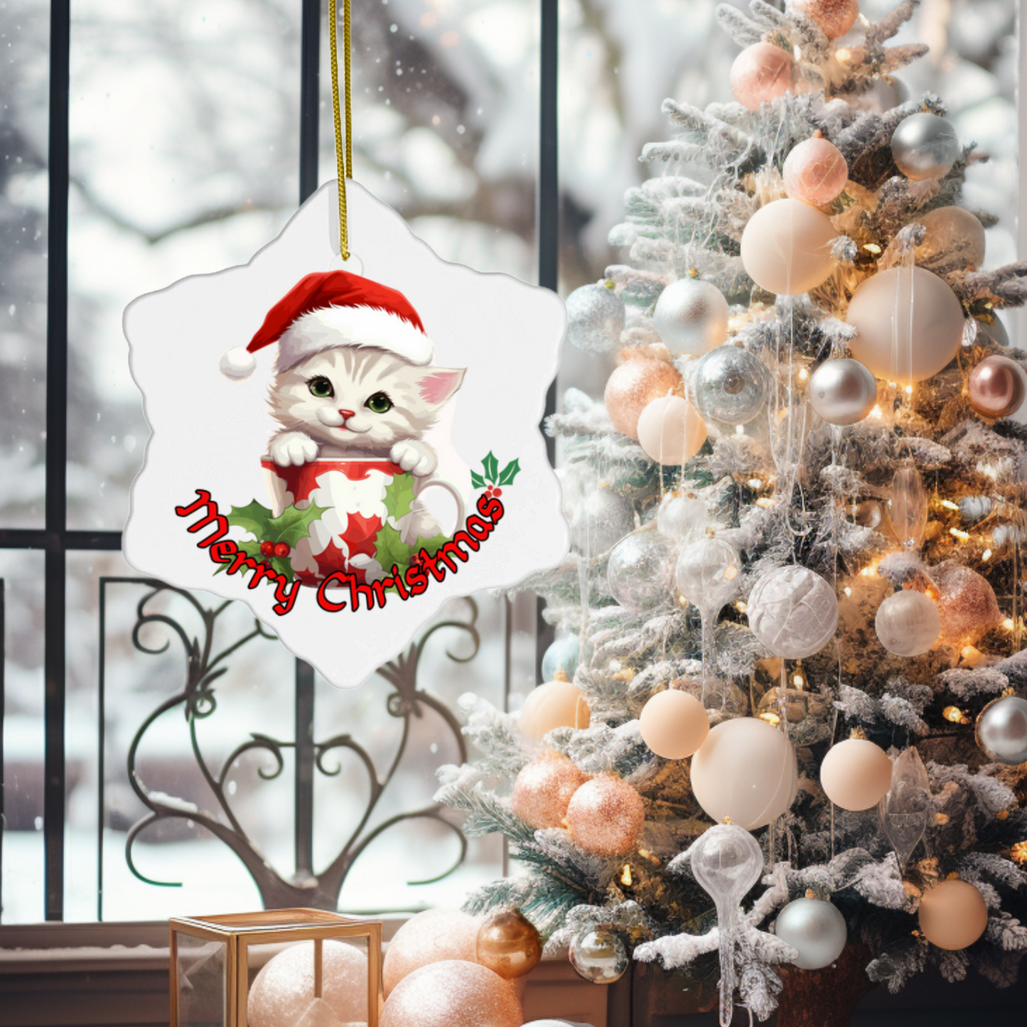 Radiant 3D Porcelain Christmas Kitten Ornament:  Elegance in Every Detail for Your Holiday Joy!