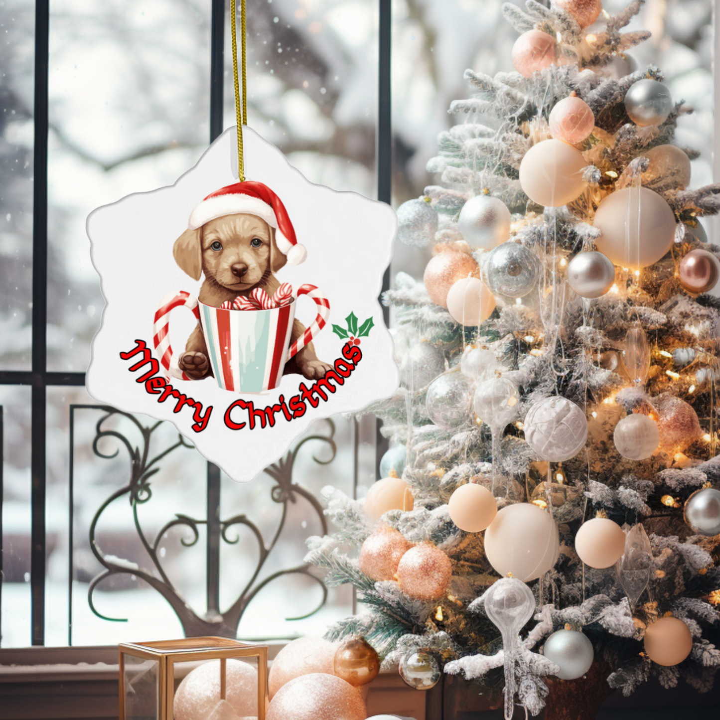 Radiant 3D Porcelain Christmas Puppy Ornament:  Elegance in Every Detail for Your Holiday Joy!