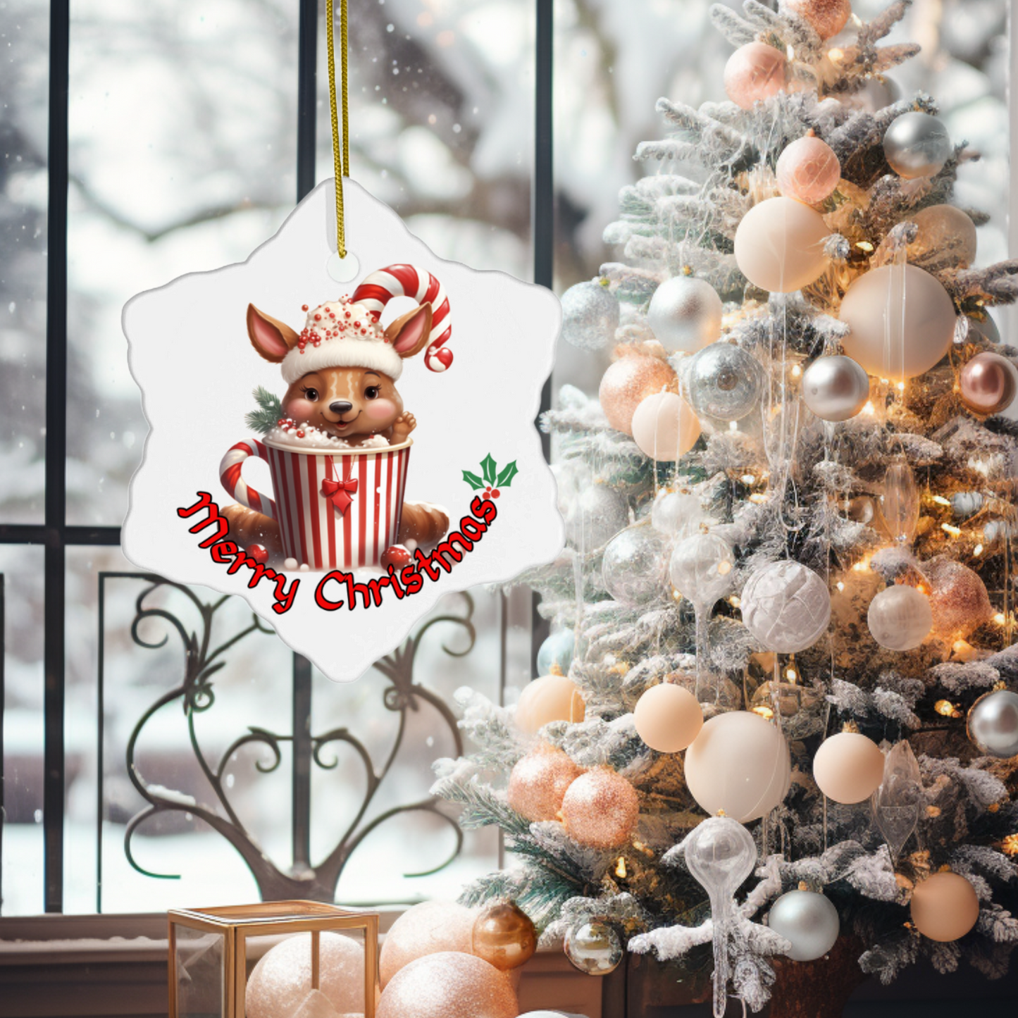 Radiant Porcelain Reindeer Christmas Ornament:  Elegance in Every Detail for Your Holiday Joy!