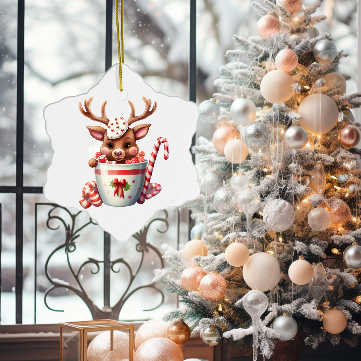 Radiant 3D Porcelain Christmas Reindeer Ornament:  Elegance in Every Detail for Your Holiday Joy!