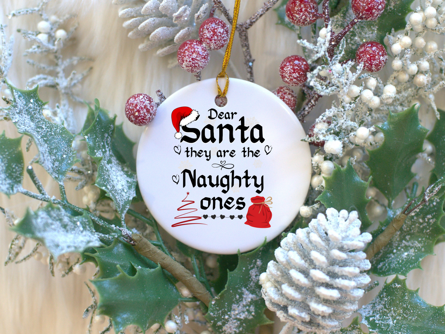 Exquisite Christmas Porcelain Ornaments with “Dear Santa, they are the naughty ones”; a stunning addition to your holiday decor.