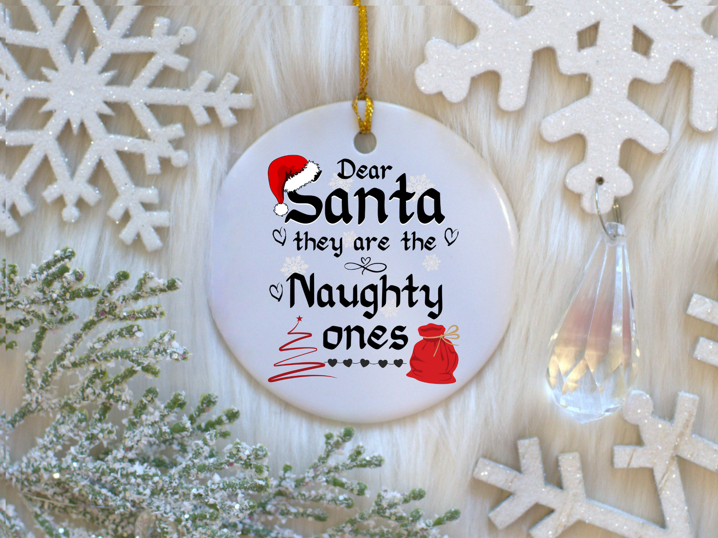 Exquisite Christmas Porcelain Ornaments with “Dear Santa, they are the naughty ones”; a stunning addition to your holiday decor.