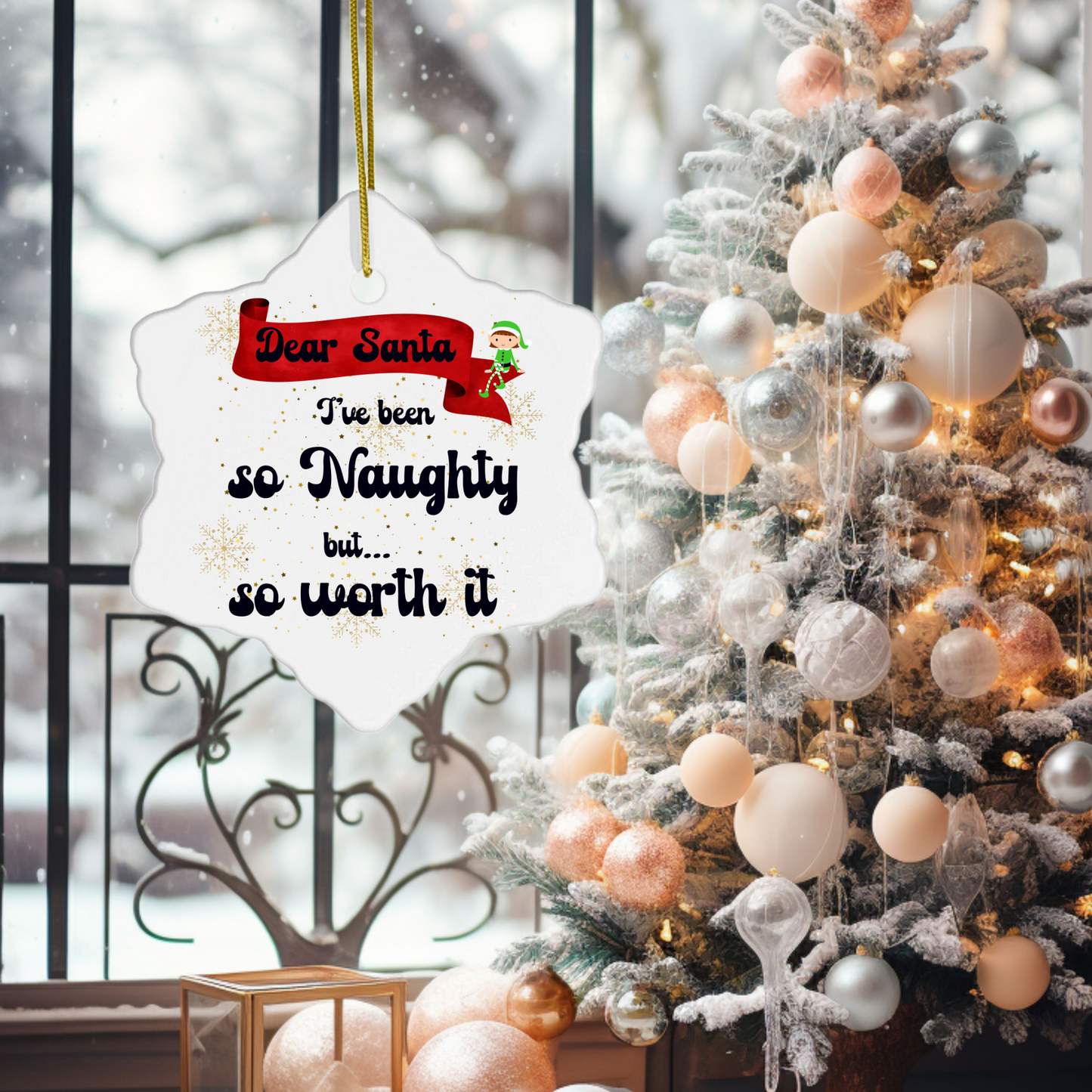 Exquisite Christmas Porcelain Ornaments with “Dear Santa, I’ve been so naughty but… so worth it”; a stunning addition to your holiday decor.