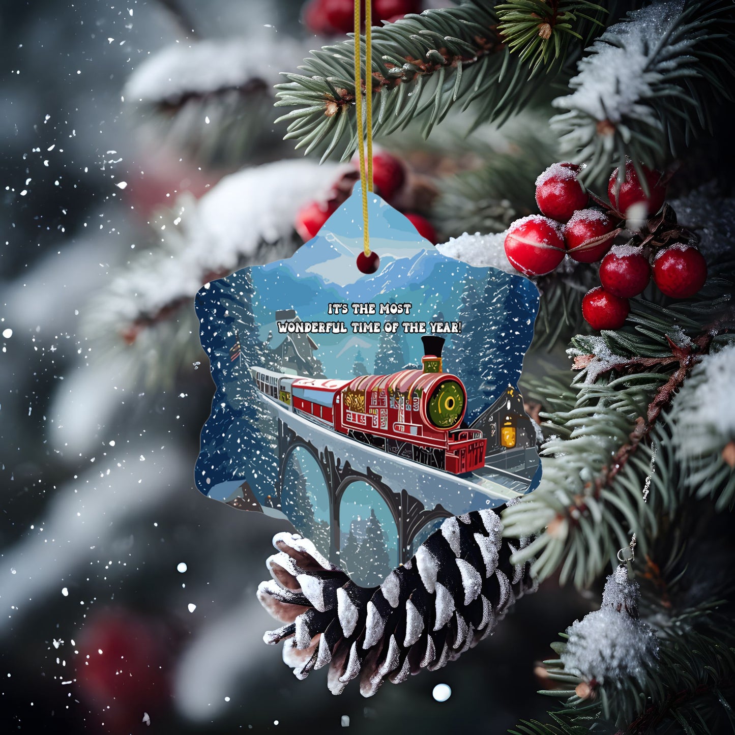 Radiant 3D Porcelain Christmas Train Ornament:  Elegance in Every Detail for Your Holiday Joy!