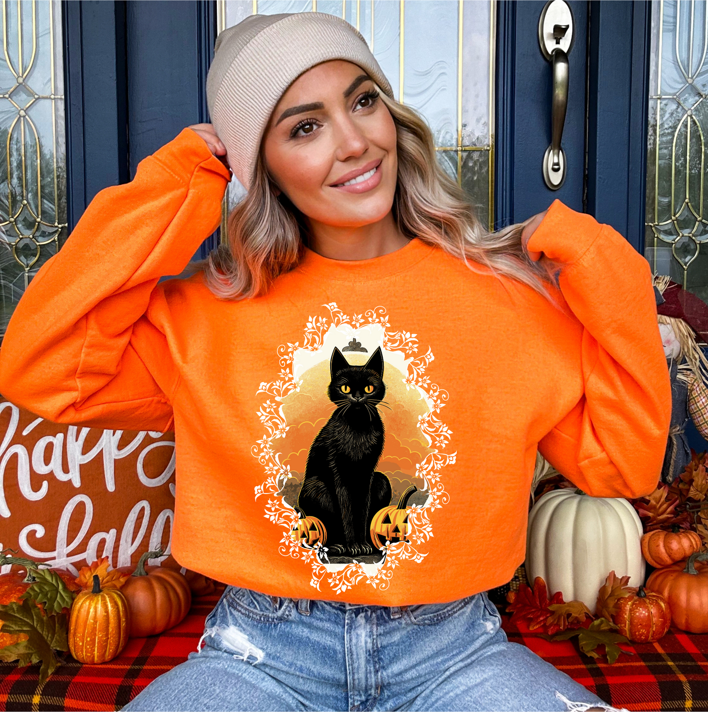 Explore our bewitching collection of Halloween sweatshirts, showcasing the mysterious allure of a black cat on the front.