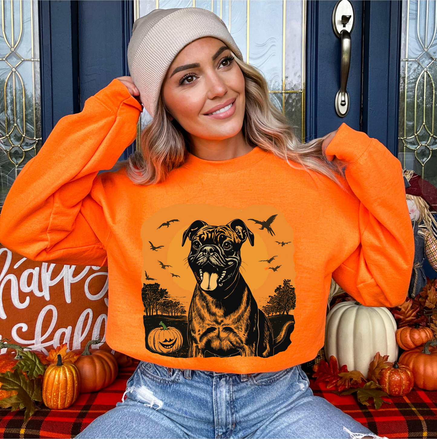 Explore our bewitching collection of Halloween sweatshirts, showcasing the mysterious allure of a boxer dog on the front.