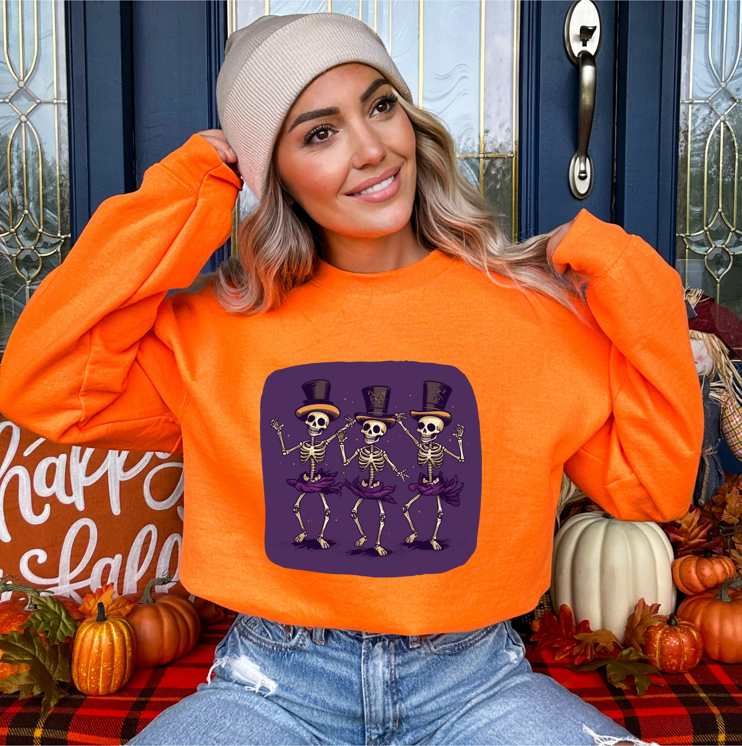 Explore our bewitching collection of Halloween sweatshirts, showcasing the mysterious allure of dancing skeletons on the front.