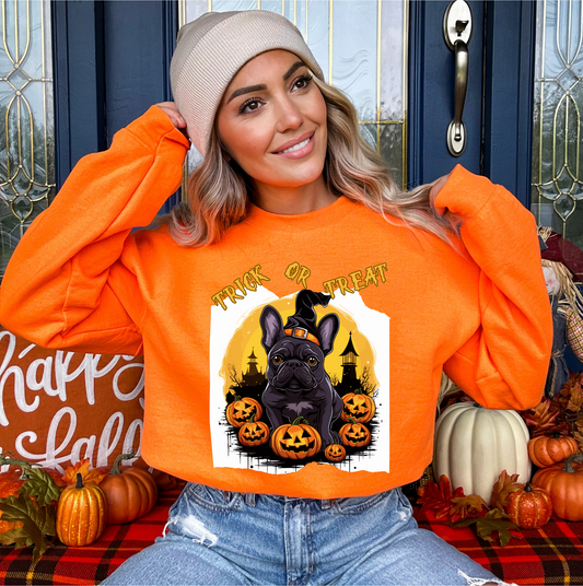 Explore our bewitching collection of Halloween sweatshirts, showcasing the mysterious allure of a French bull dog on the front.