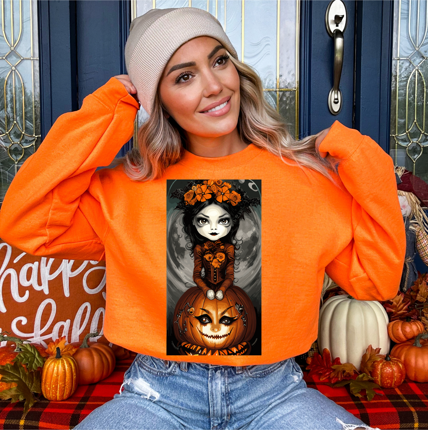 Explore our bewitching collection of Halloween sweatshirts, showcasing the mysterious allure of a Pretty Pumpkin Witch on the front.