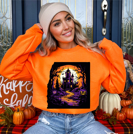 Explore our bewitching collection of Halloween sweatshirts, showcasing the mysterious allure of a haunted house on the front.