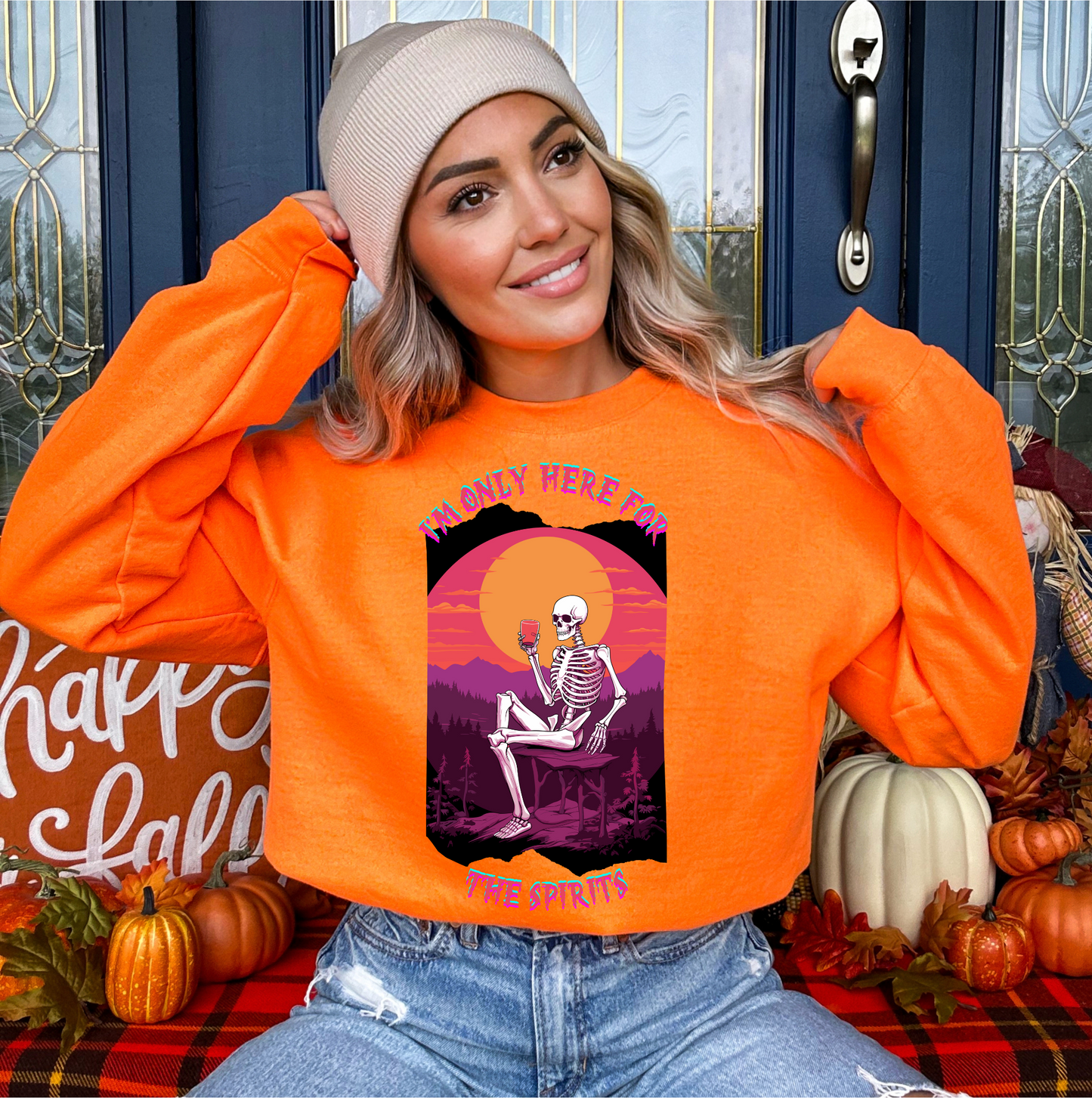 Explore our bewitching collection of Halloween sweatshirts, showcasing the mysterious allure of a drinking skeleton on the front.