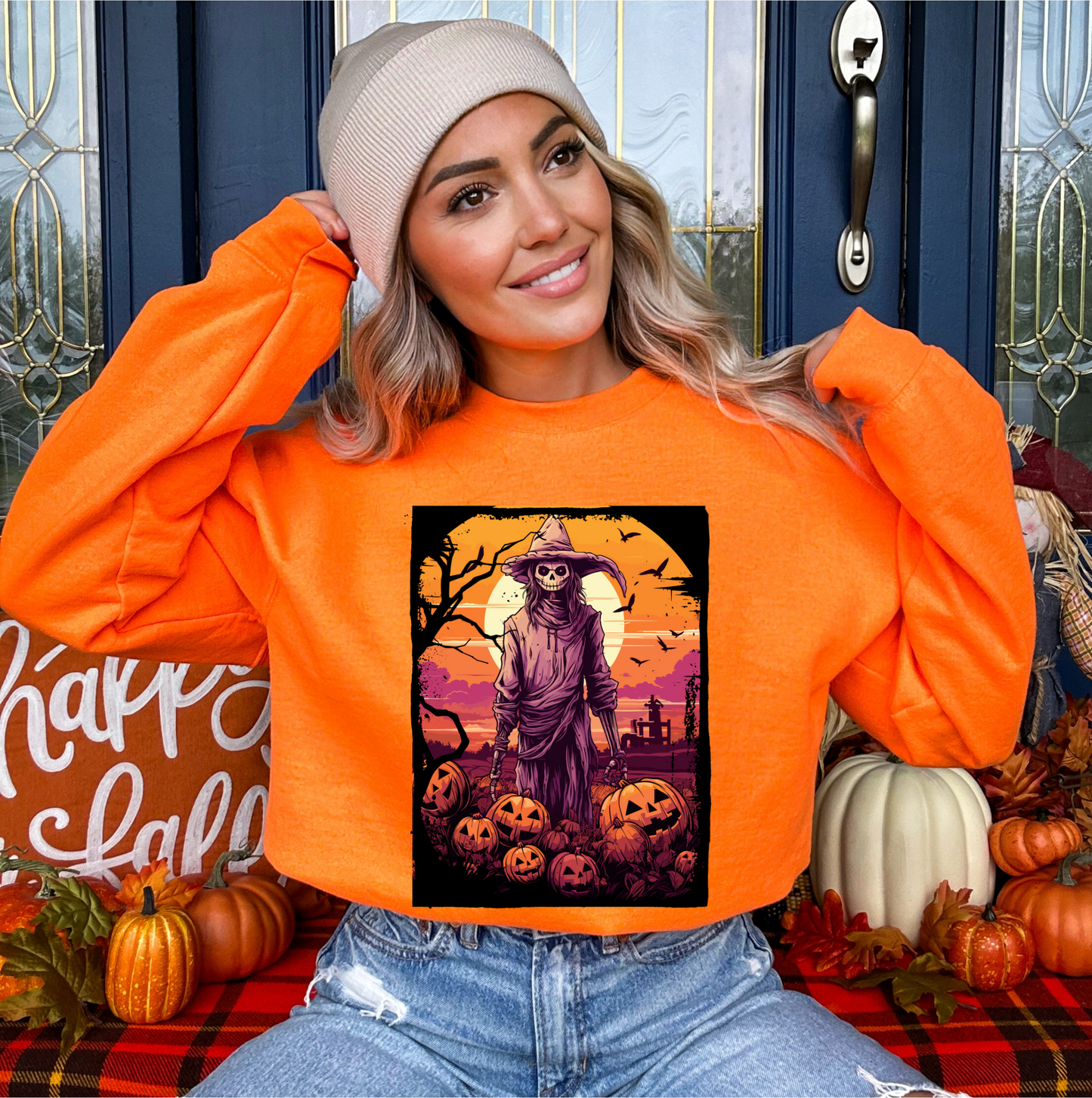 Explore our bewitching collection of Halloween sweatshirts, showcasing the mysterious allure of a Scarecrow on the front.