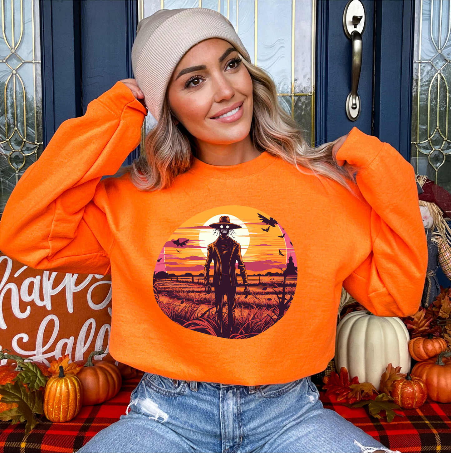 Explore our bewitching collection of Halloween sweatshirts, showcasing the mysterious allure of a scarecrow on the front.