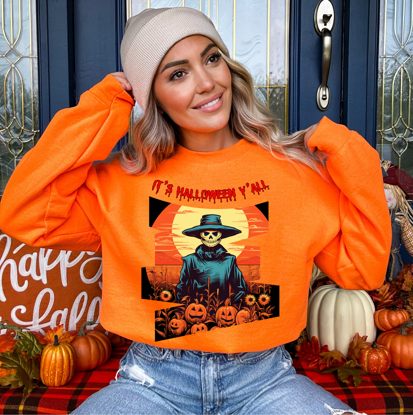 Explore our bewitching collection of Halloween sweatshirts, showcasing the mysterious allure of a Scarecrow on the front.