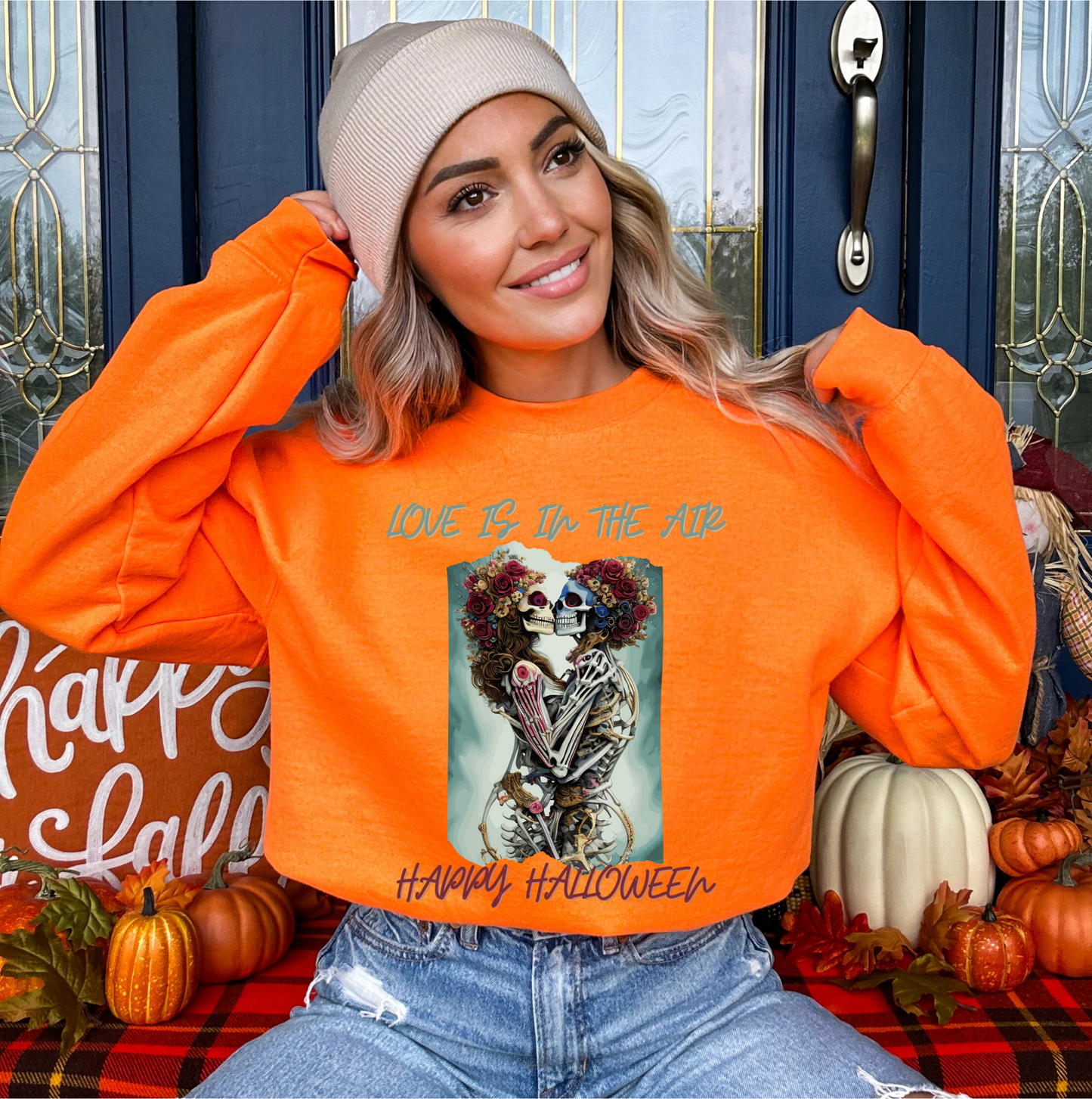 Explore our bewitching collection of Halloween sweatshirts, showcasing the mysterious allure of a skeleton lovers on the front.