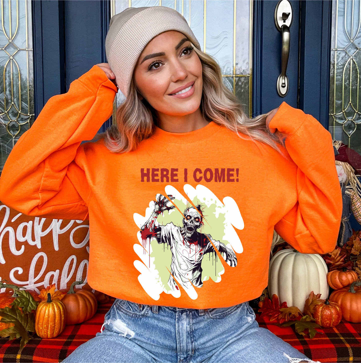 Explore our bewitching collection of Halloween sweatshirts, showcasing the mysterious allure of a zombie on the front.