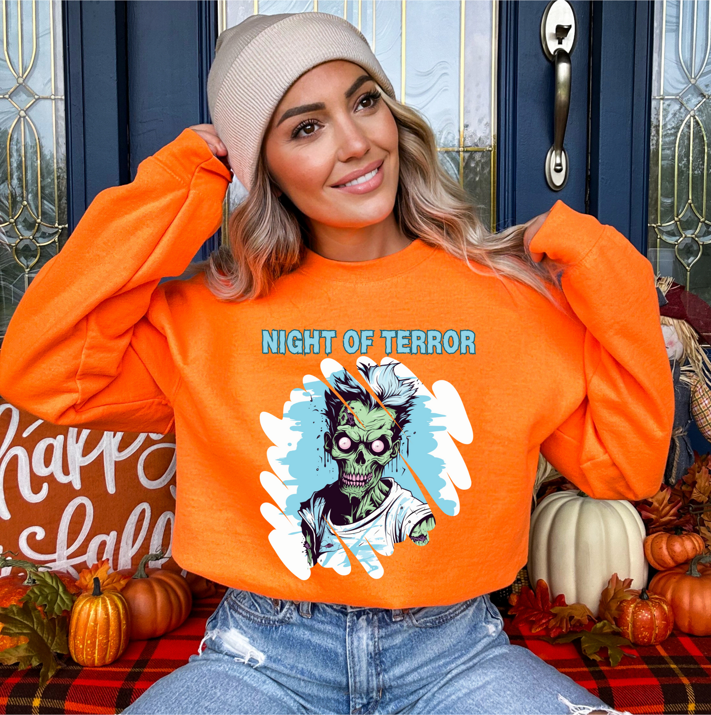 Explore our bewitching collection of Halloween sweatshirts, showcasing the mysterious allure of a zombie on the front.