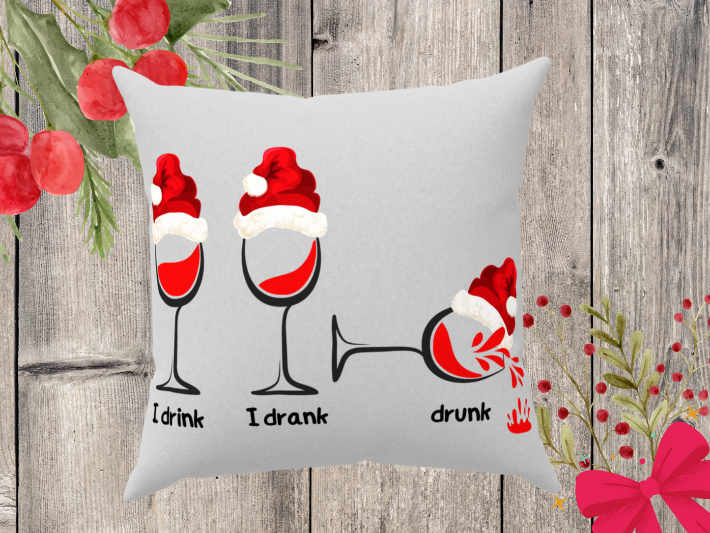 Toast to the Holidays with our Christmas Wine Glass Throw Pillows - Faux Suede, Multiple Sizes, Zippered or Cover Only.