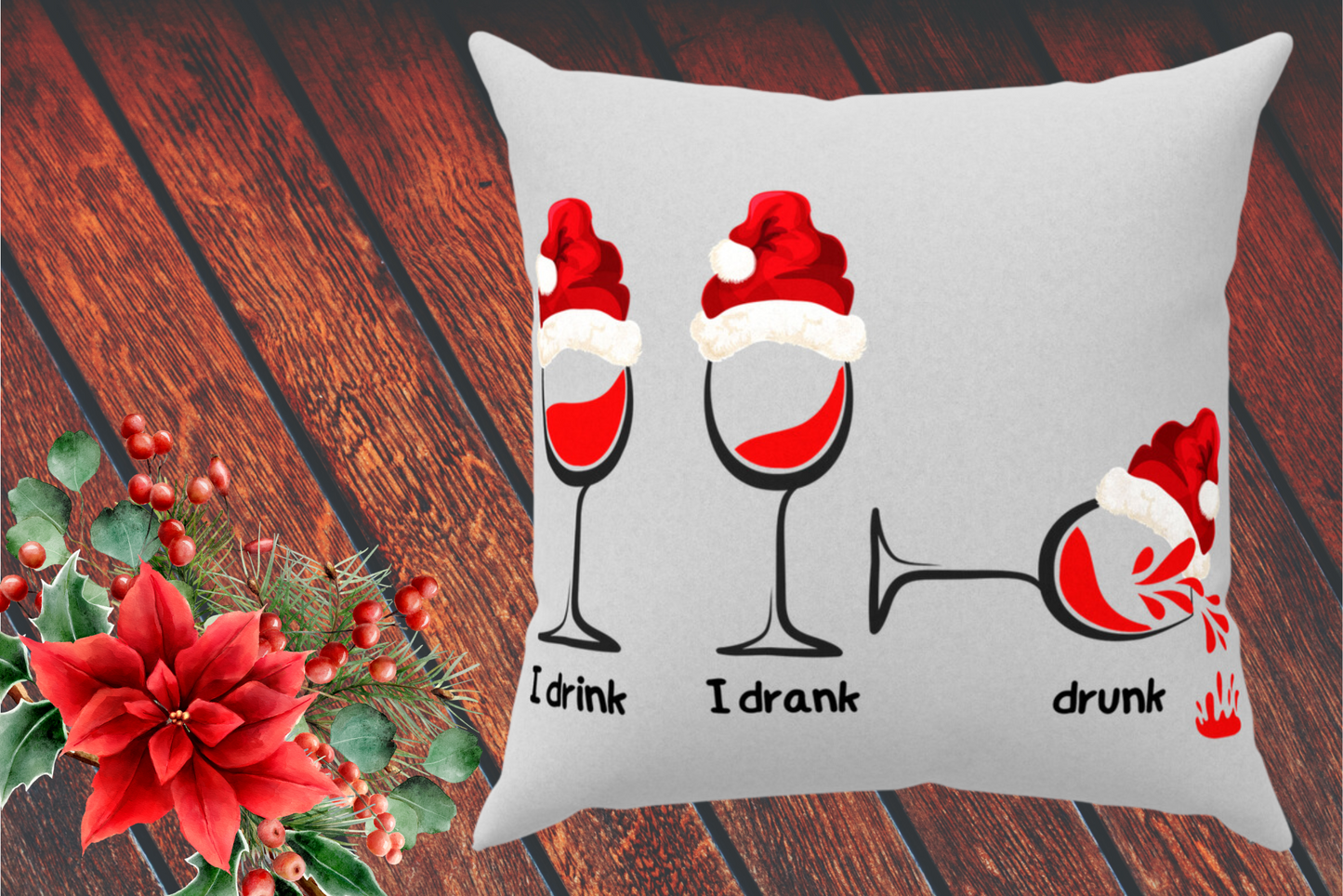 Toast to the Holidays with our Christmas Wine Glass Throw Pillows - Faux Suede, Multiple Sizes, Zippered or Cover Only.