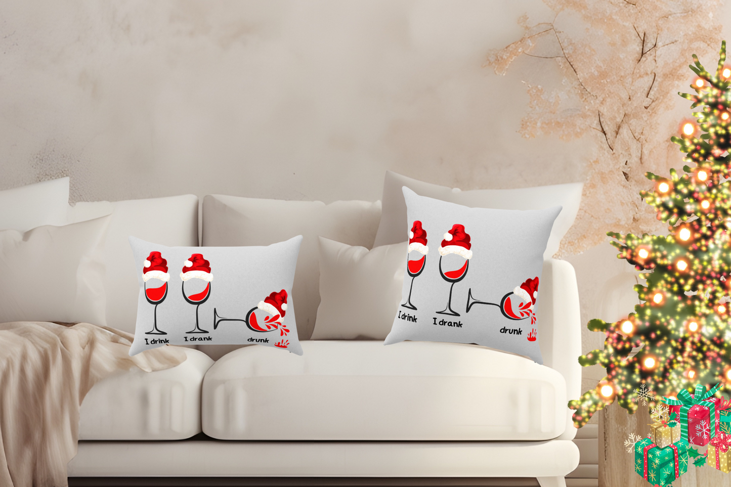 Toast to the Holidays with our Christmas Wine Glass Throw Pillows - Faux Suede, Multiple Sizes, Zippered or Cover Only.