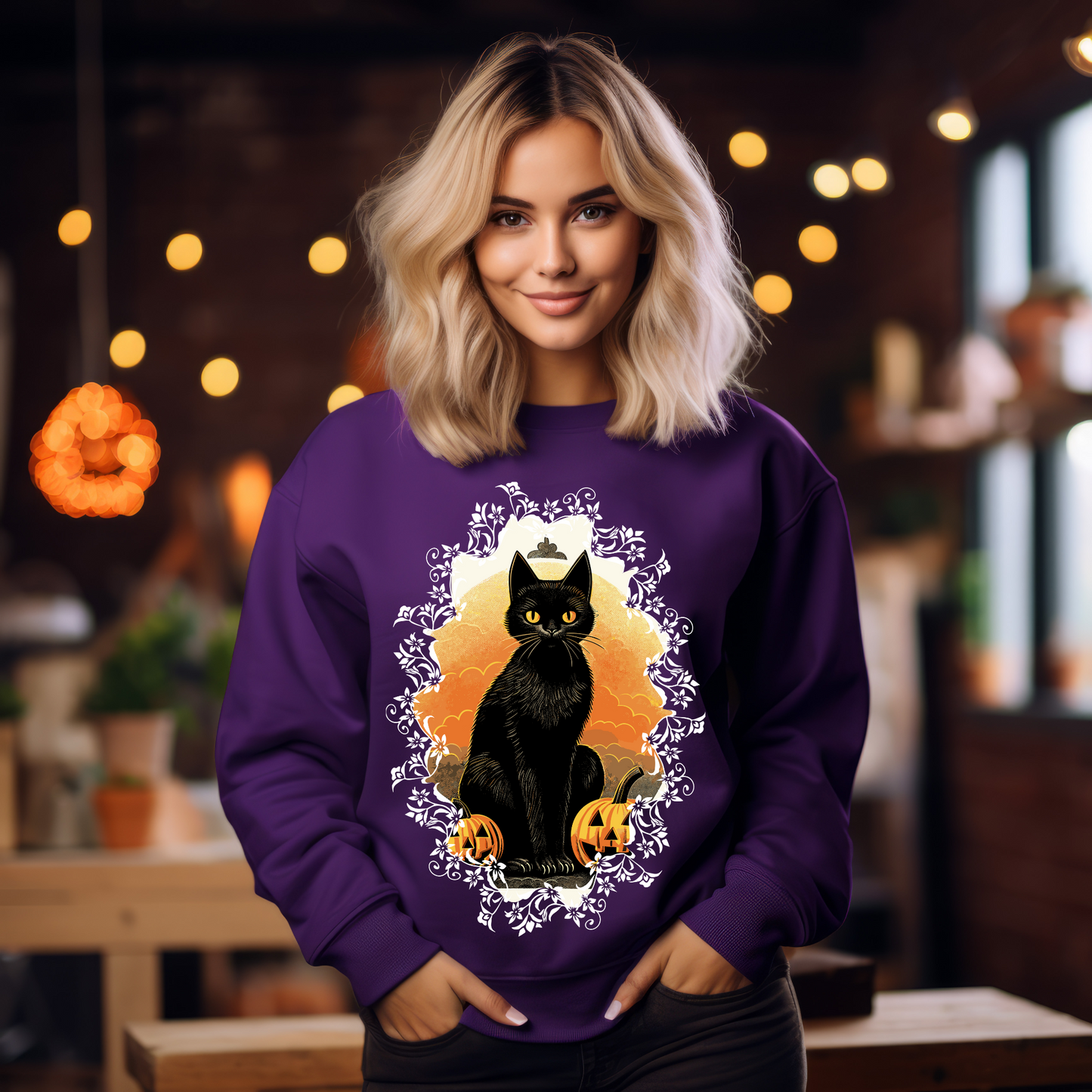 Explore our bewitching collection of Halloween sweatshirts, showcasing the mysterious allure of a black cat on the front.