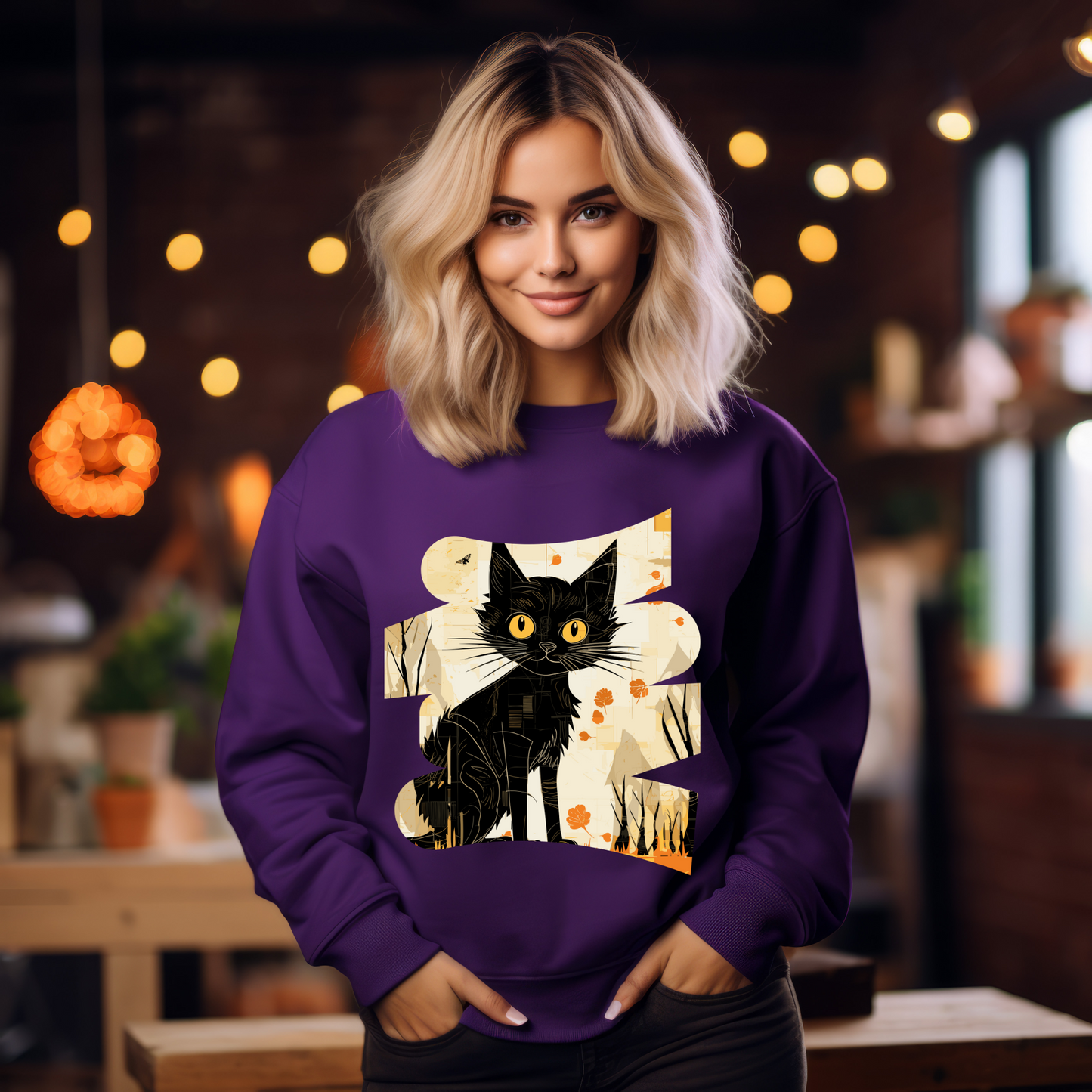 Explore our bewitching collection of Halloween sweatshirts, showcasing the mysterious allure of a black cat on the front.Sh