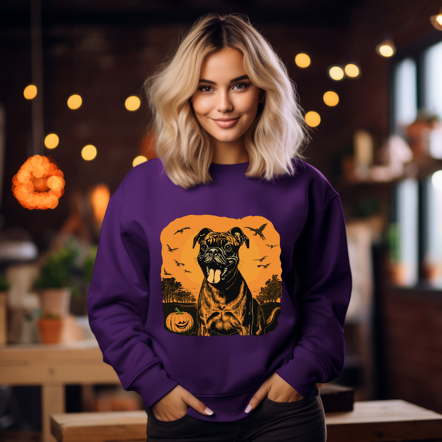 Explore our bewitching collection of Halloween sweatshirts, showcasing the mysterious allure of a boxer dog on the front.