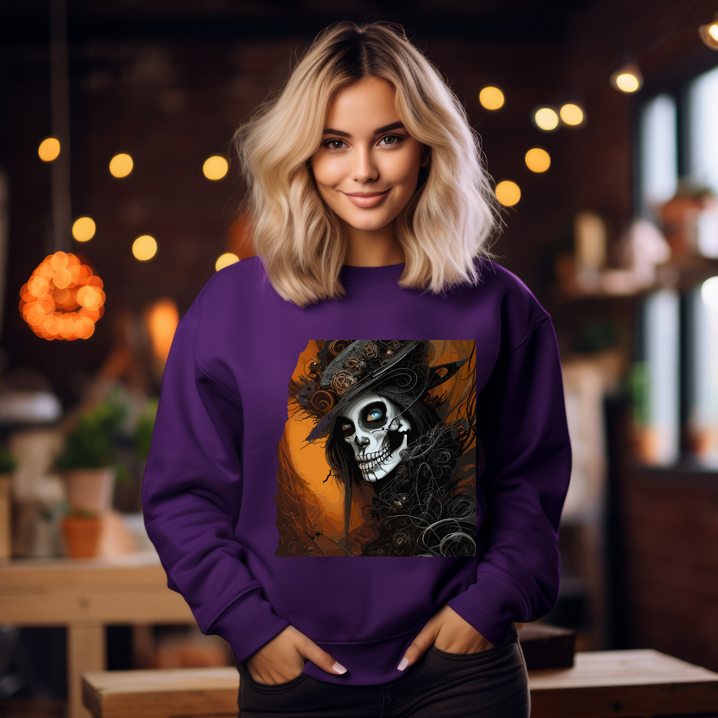 Explore our bewitching collection of Halloween sweatshirts, showcasing the mysterious allure of a Goth skeleton on the front.