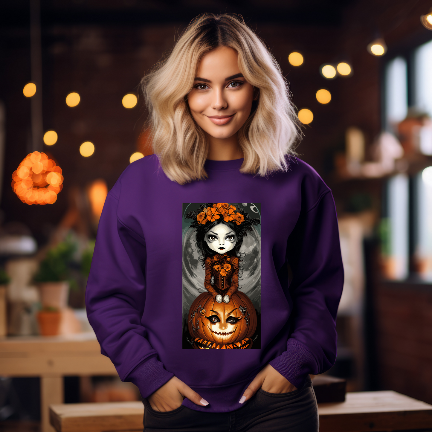 Explore our bewitching collection of Halloween sweatshirts, showcasing the mysterious allure of a Pretty Pumpkin Witch on the front.