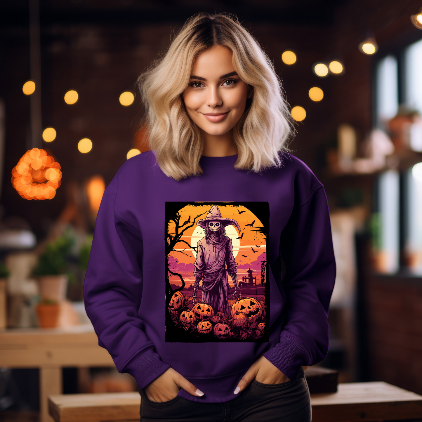 Explore our bewitching collection of Halloween sweatshirts, showcasing the mysterious allure of a Scarecrow on the front.