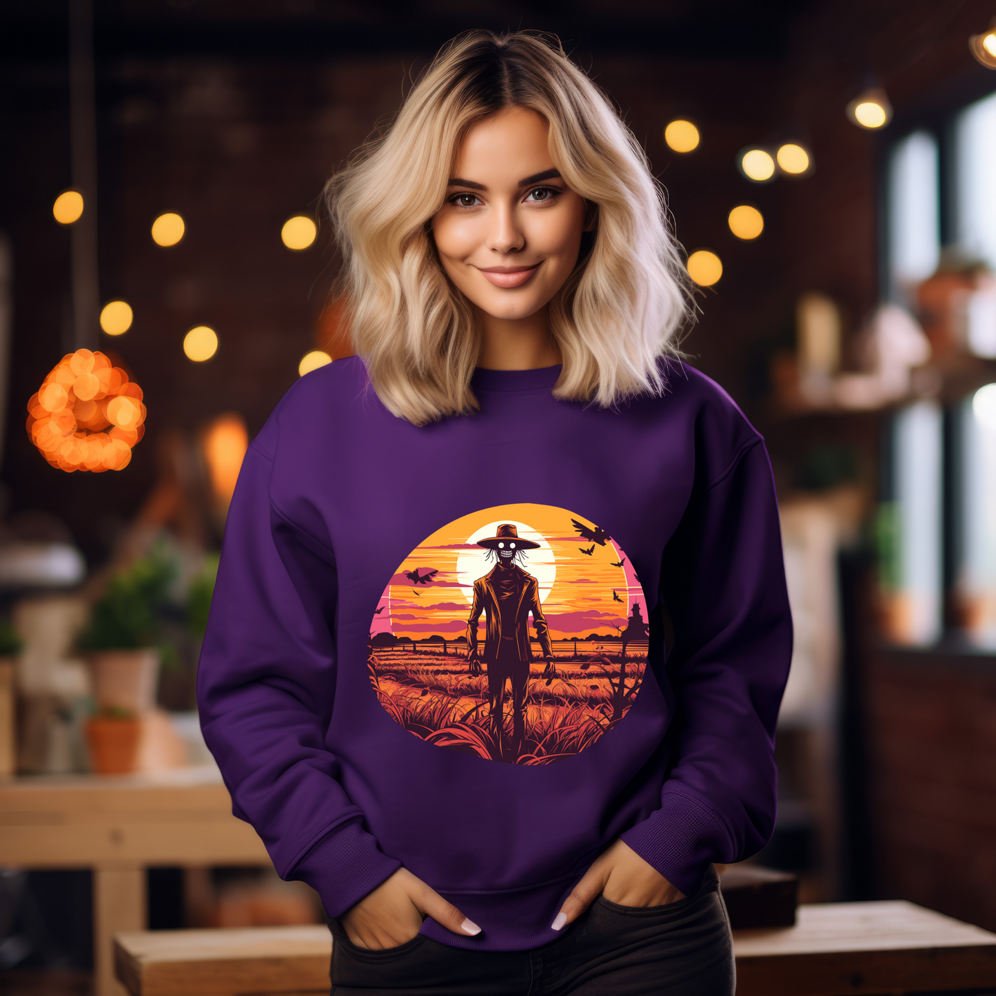 Explore our bewitching collection of Halloween sweatshirts, showcasing the mysterious allure of a scarecrow on the front.