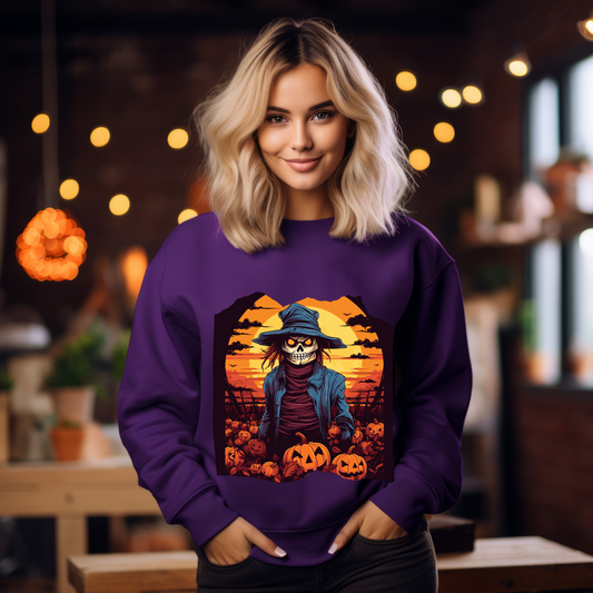 Explore our bewitching collection of Halloween sweatshirts, showcasing the mysterious allure of a Scarecrow on the front.