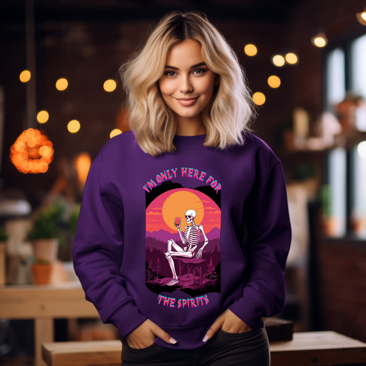 Explore our bewitching collection of Halloween sweatshirts, showcasing the mysterious allure of a drinking skeleton on the front.