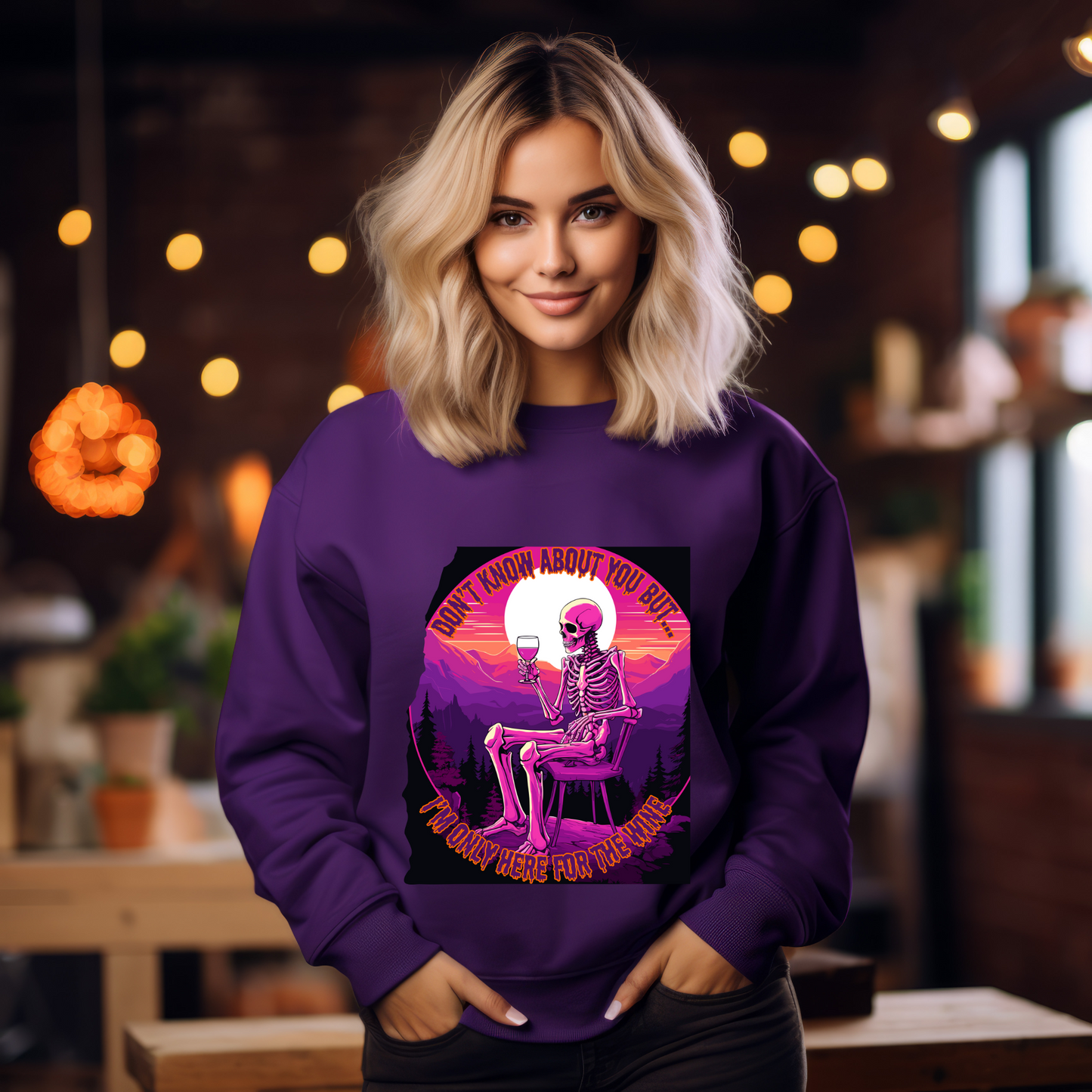 Explore our bewitching collection of Halloween sweatshirts, showcasing the mysterious allure of a drinking skeleton on the front.