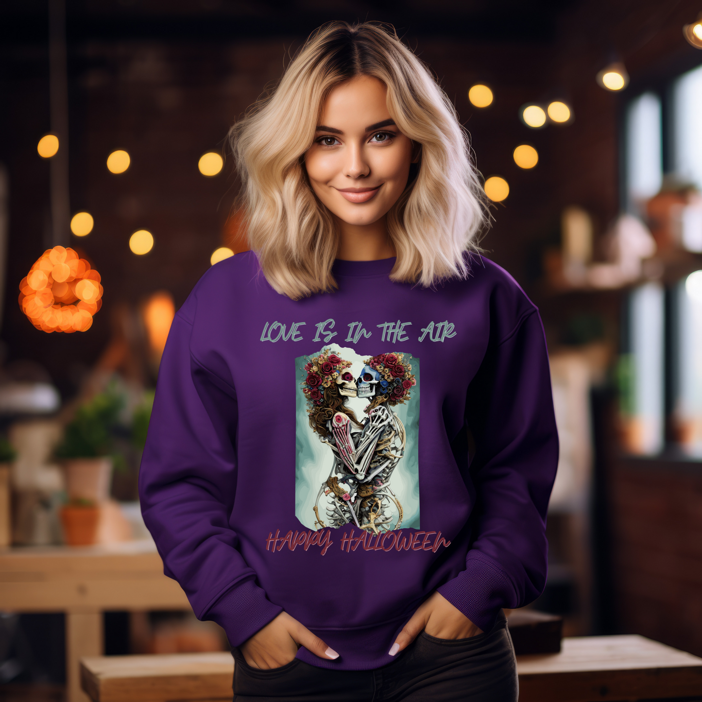 Explore our bewitching collection of Halloween sweatshirts, showcasing the mysterious allure of a skeleton lovers on the front.