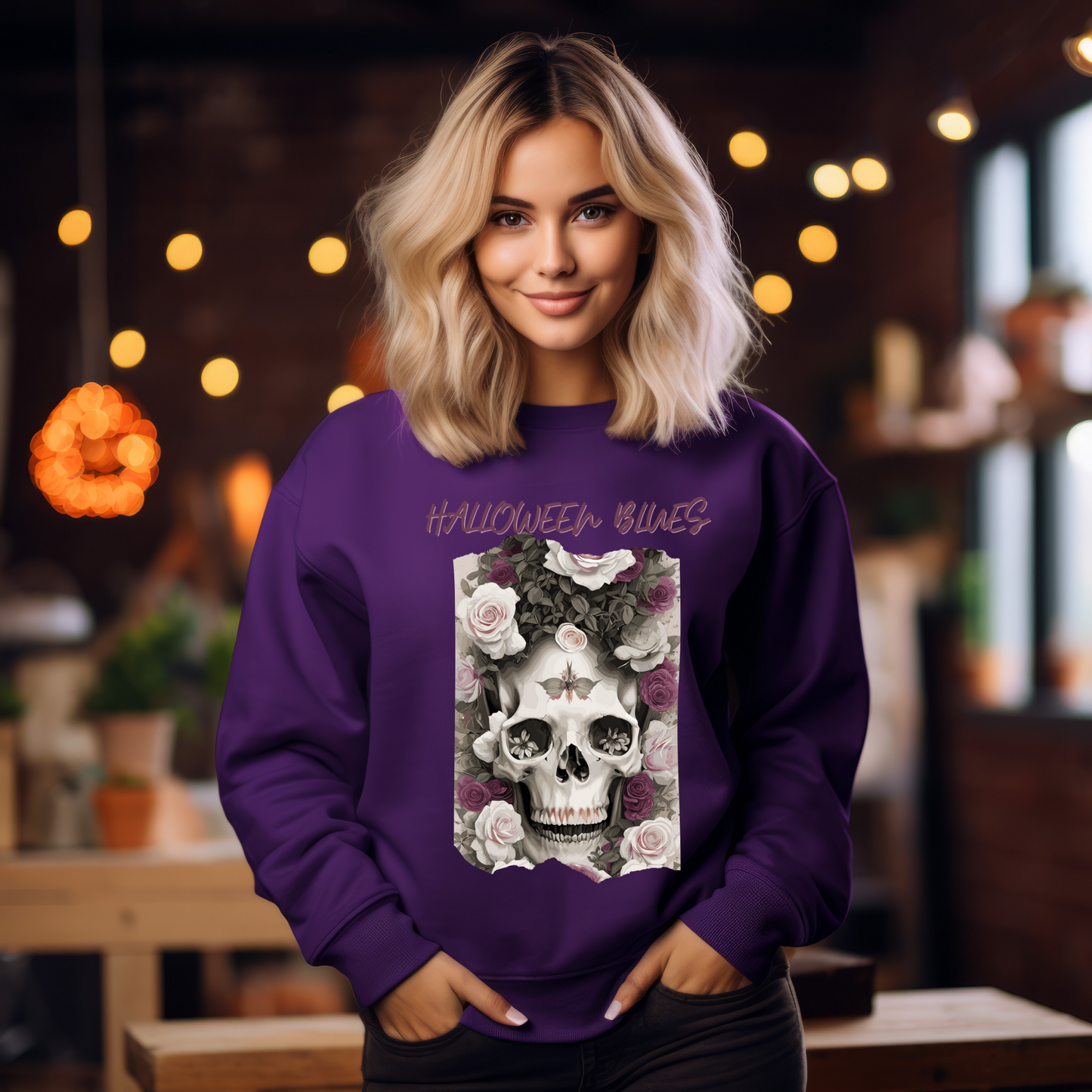 Explore our bewitching collection of Halloween sweatshirts, showcasing the mysterious allure of a skull and roses on the front.