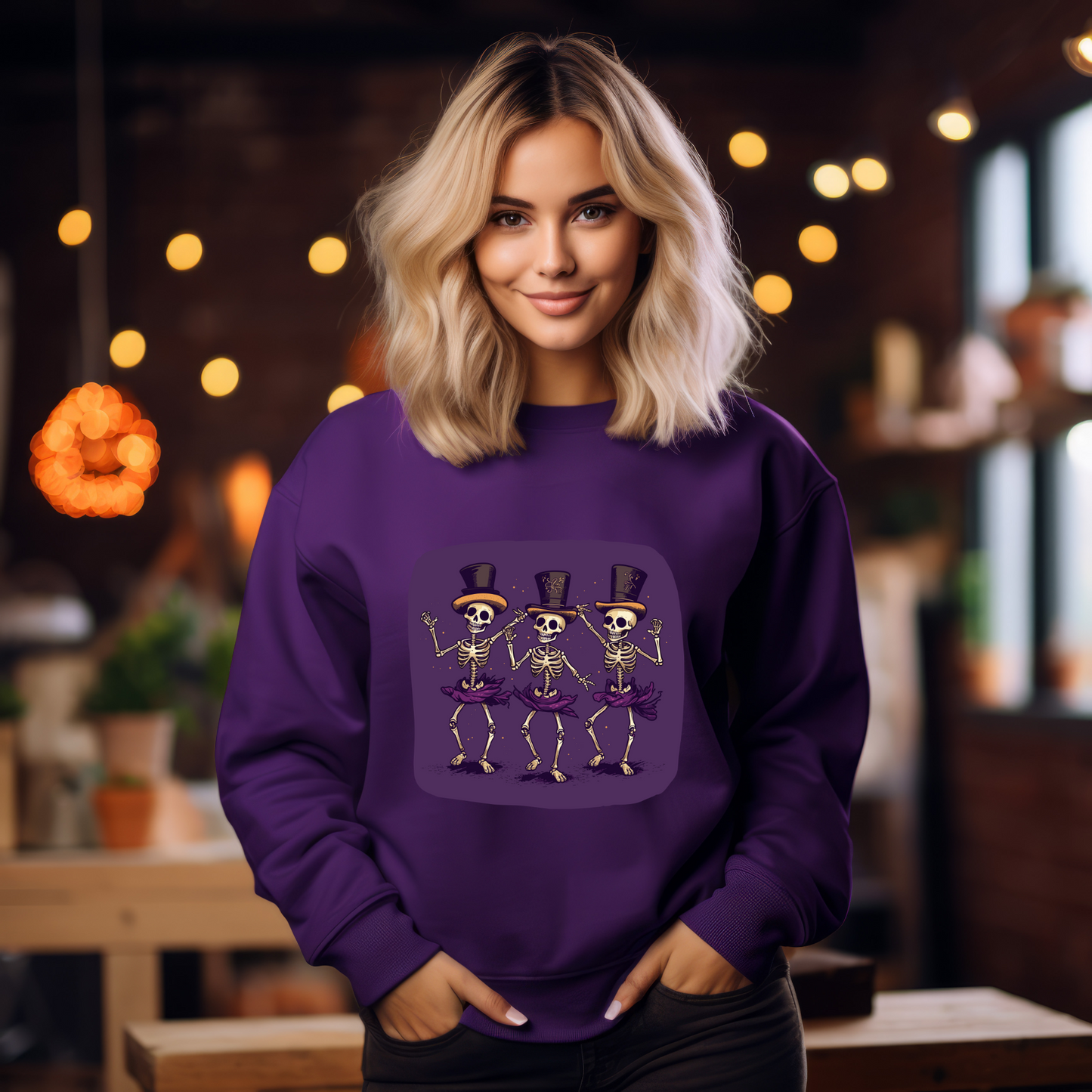 Explore our bewitching collection of Halloween sweatshirts, showcasing the mysterious allure of dancing skeletons on the front.