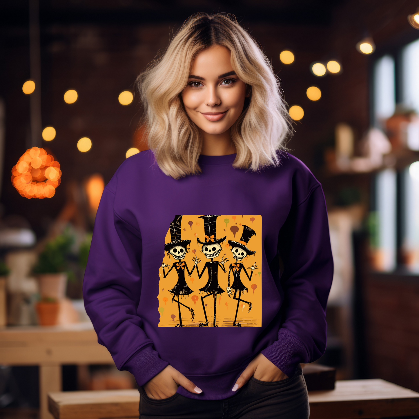 Explore our bewitching collection of Halloween sweatshirts, showcasing the mysterious allure of dancing skeletons on the front.