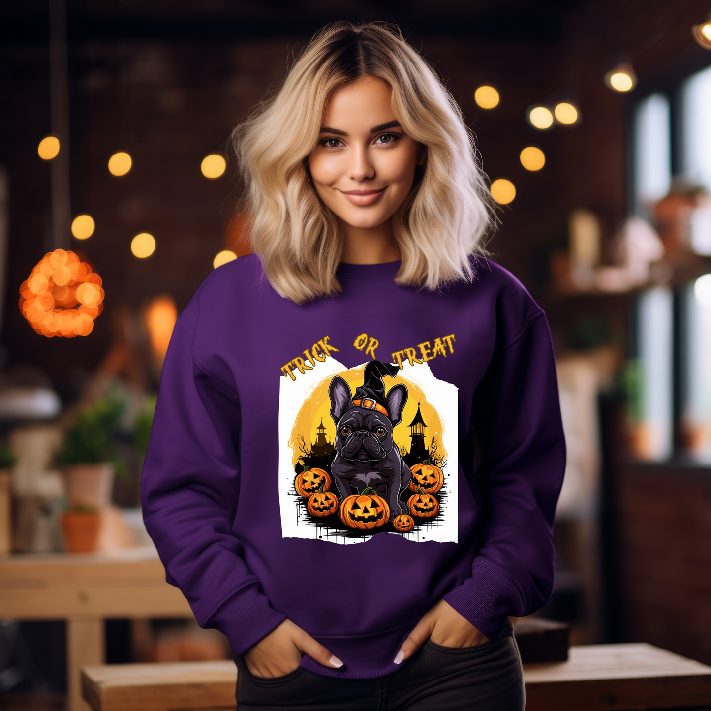 Explore our bewitching collection of Halloween sweatshirts, showcasing the mysterious allure of a French bull dog on the front.