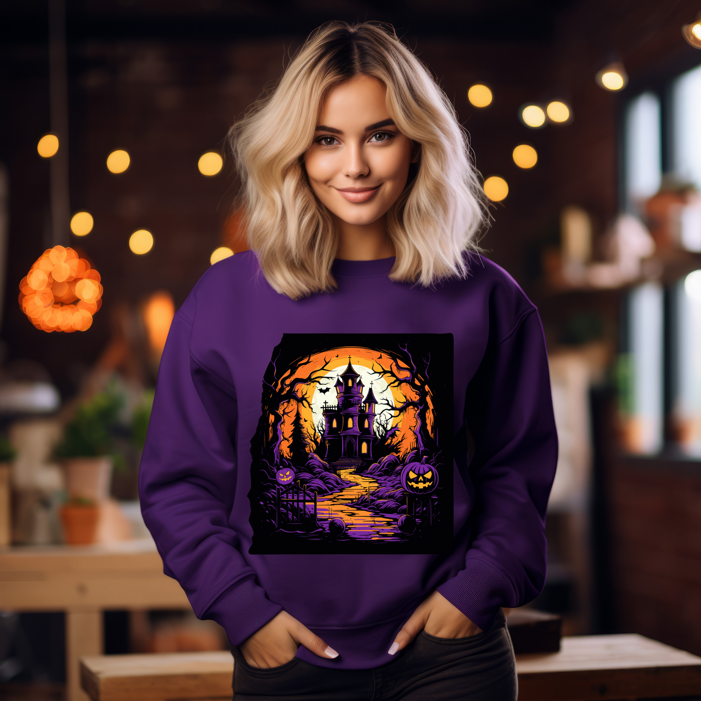 Explore our bewitching collection of Halloween sweatshirts, showcasing the mysterious allure of a haunted house on the front.