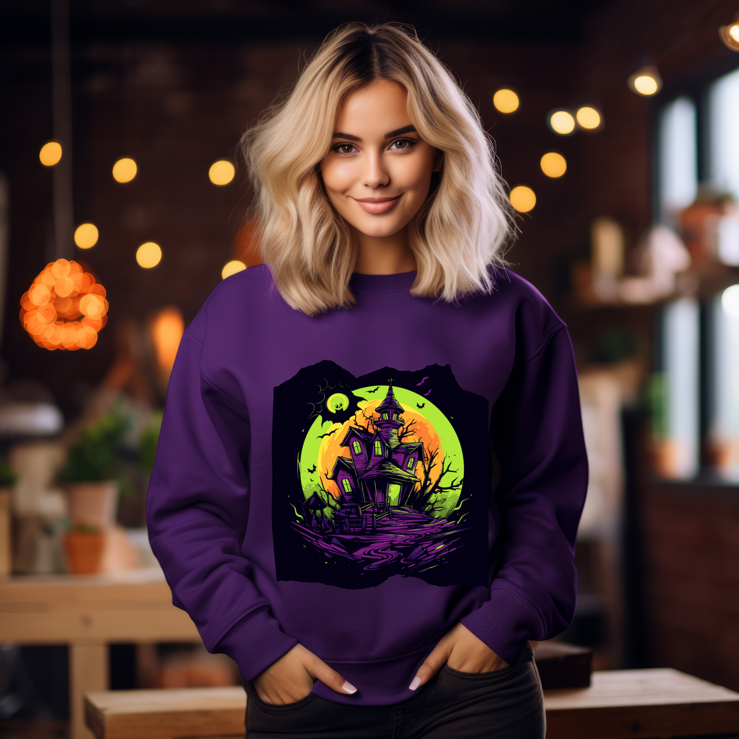 Explore our bewitching collection of Halloween sweatshirts, showcasing the mysterious allure of a haunted house on the front.