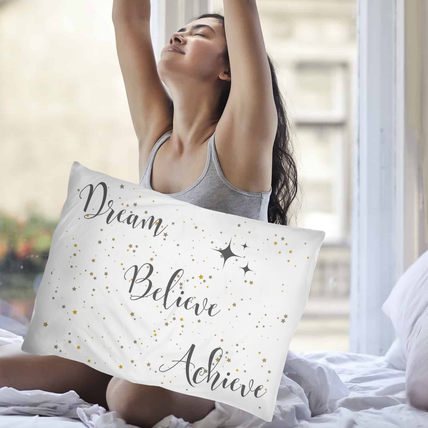 Dream, Believe, Achieve: Inspire your space with celestial elegance. Choose your style & size, motivation meets comfort in every pillow sham