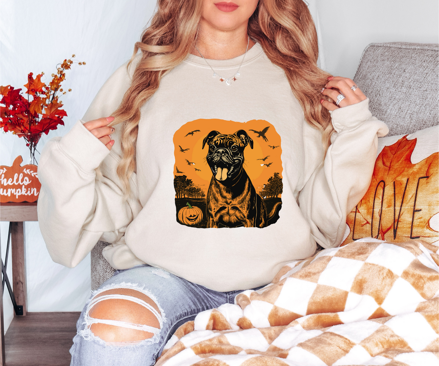 Explore our bewitching collection of Halloween sweatshirts, showcasing the mysterious allure of a boxer dog on the front.