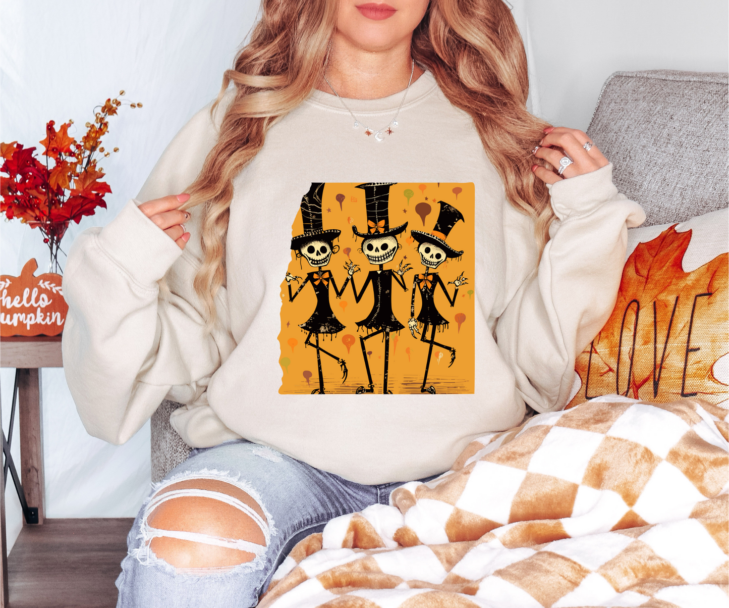 Explore our bewitching collection of Halloween sweatshirts, showcasing the mysterious allure of dancing skeletons on the front.