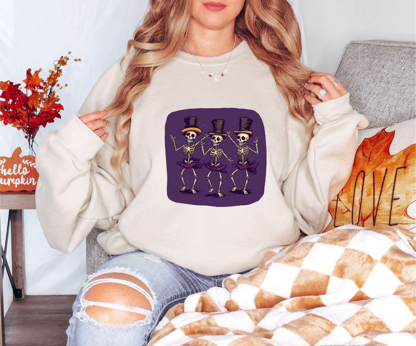 Explore our bewitching collection of Halloween sweatshirts, showcasing the mysterious allure of dancing skeletons on the front.