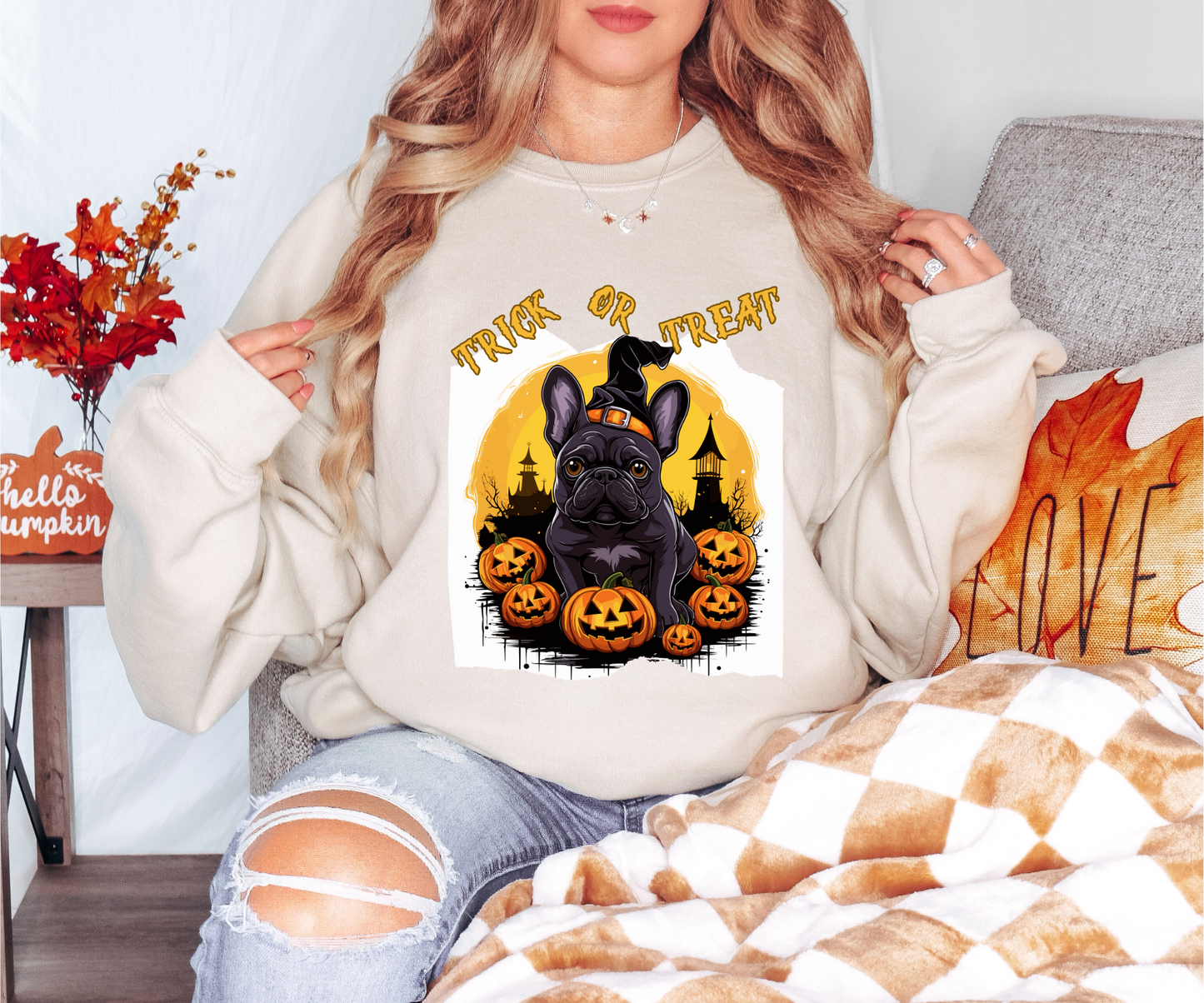 Explore our bewitching collection of Halloween sweatshirts, showcasing the mysterious allure of a French bull dog on the front.