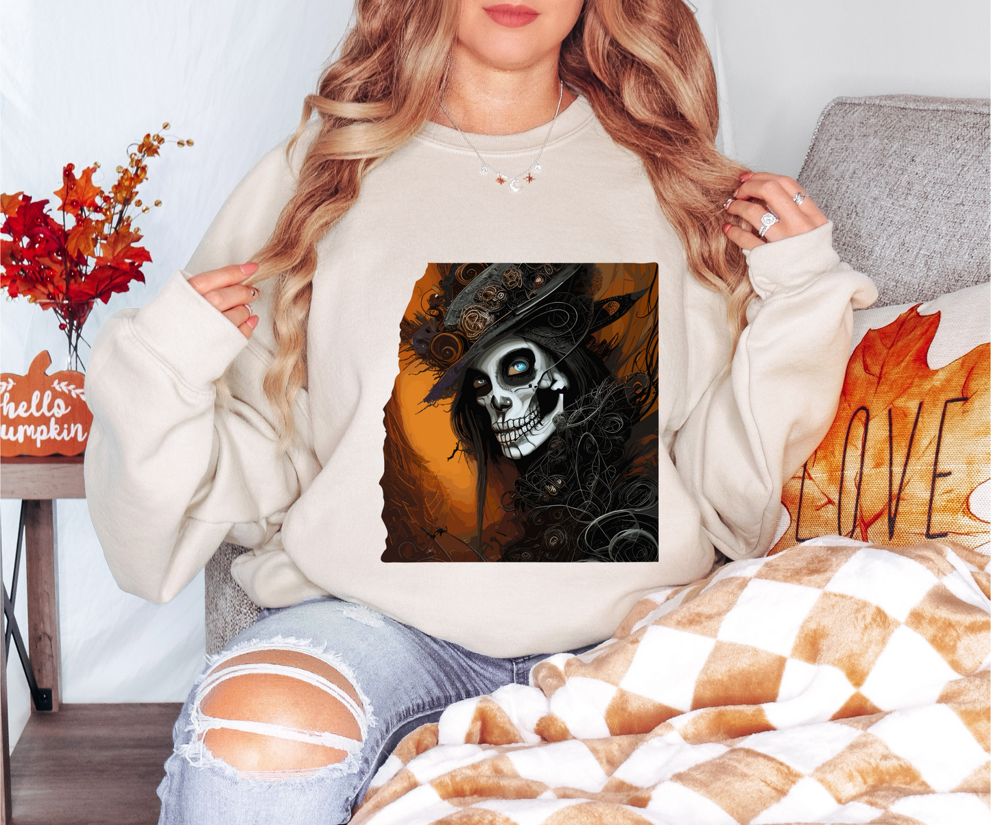 Explore our bewitching collection of Halloween sweatshirts, showcasing the mysterious allure of a Goth skeleton on the front.